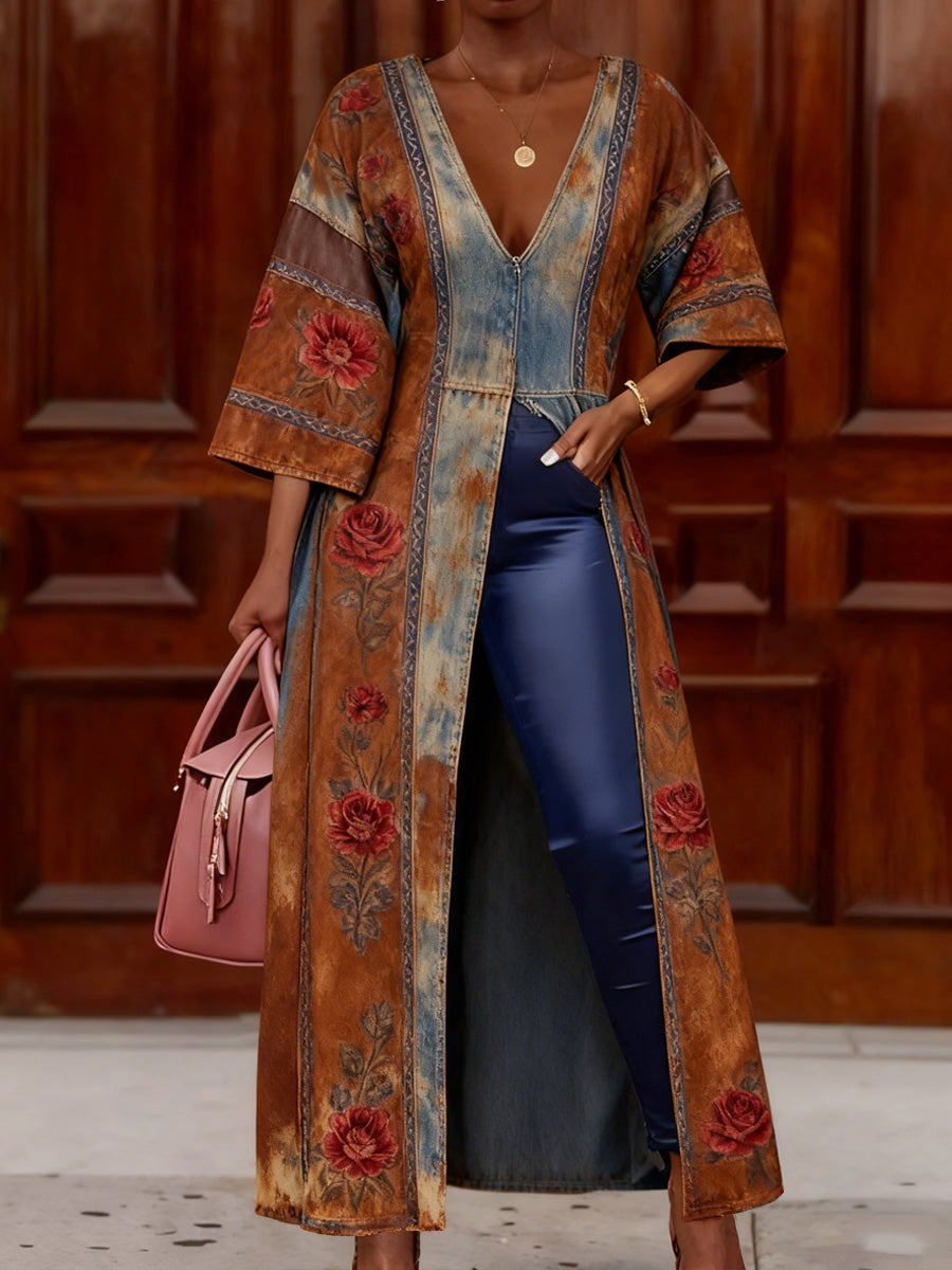 Retro Boho Denim Floral Art Print Vintage Long Split Shirts Dress Skinny Pants Two-Piece Set